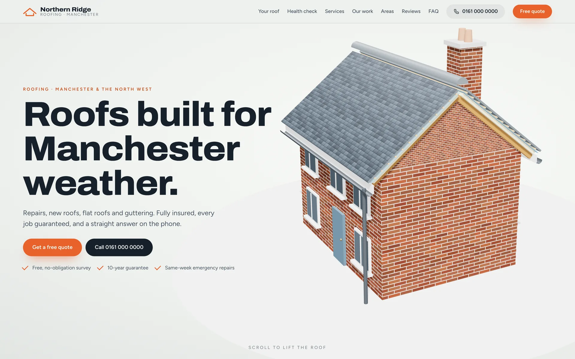 Northern Ridge Roofing: a 3D red-brick house next to Roofs built for Manchester weather