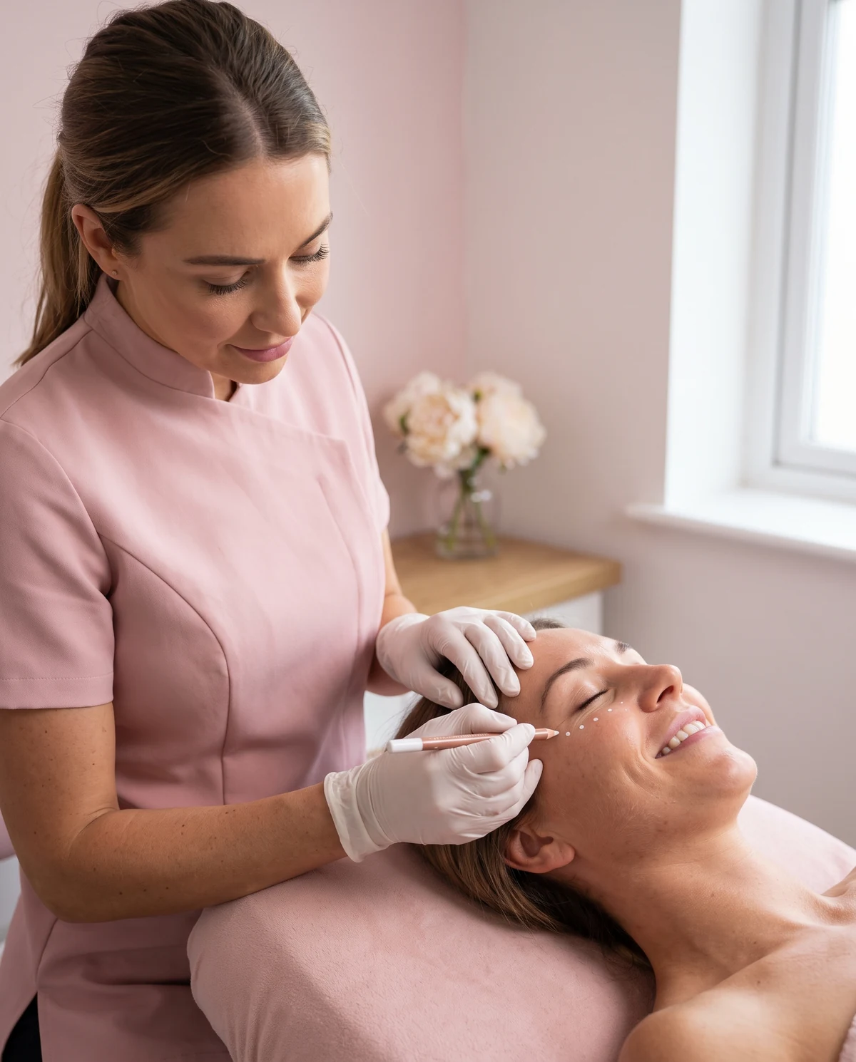 A practitioner in gloves marking reference points on a model's cheek