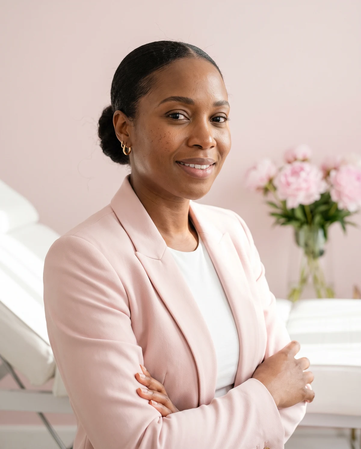 Grace Adeyemi, lead trainer, in a pale pink blazer in the training studio