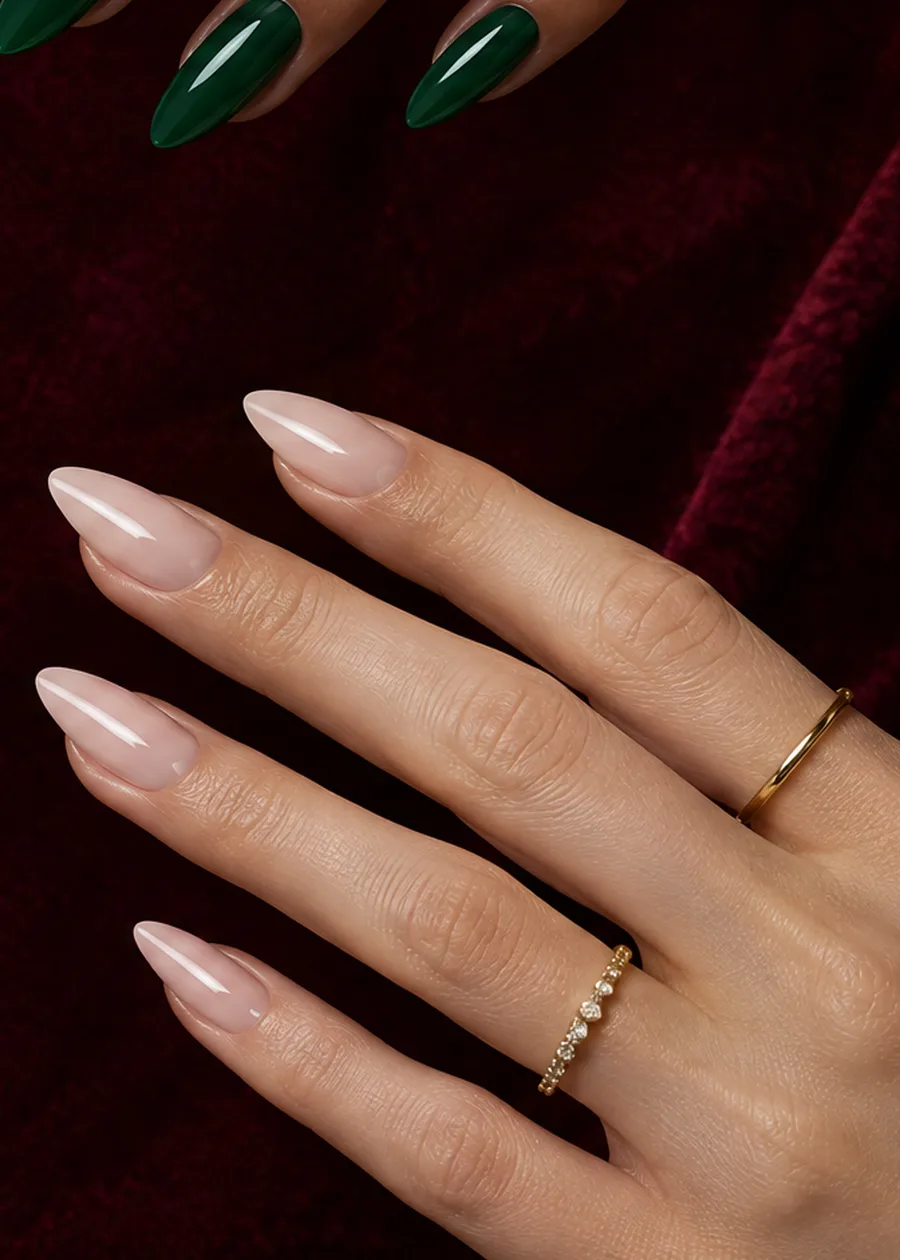 Fair hand with milky sheer nude almond nails
