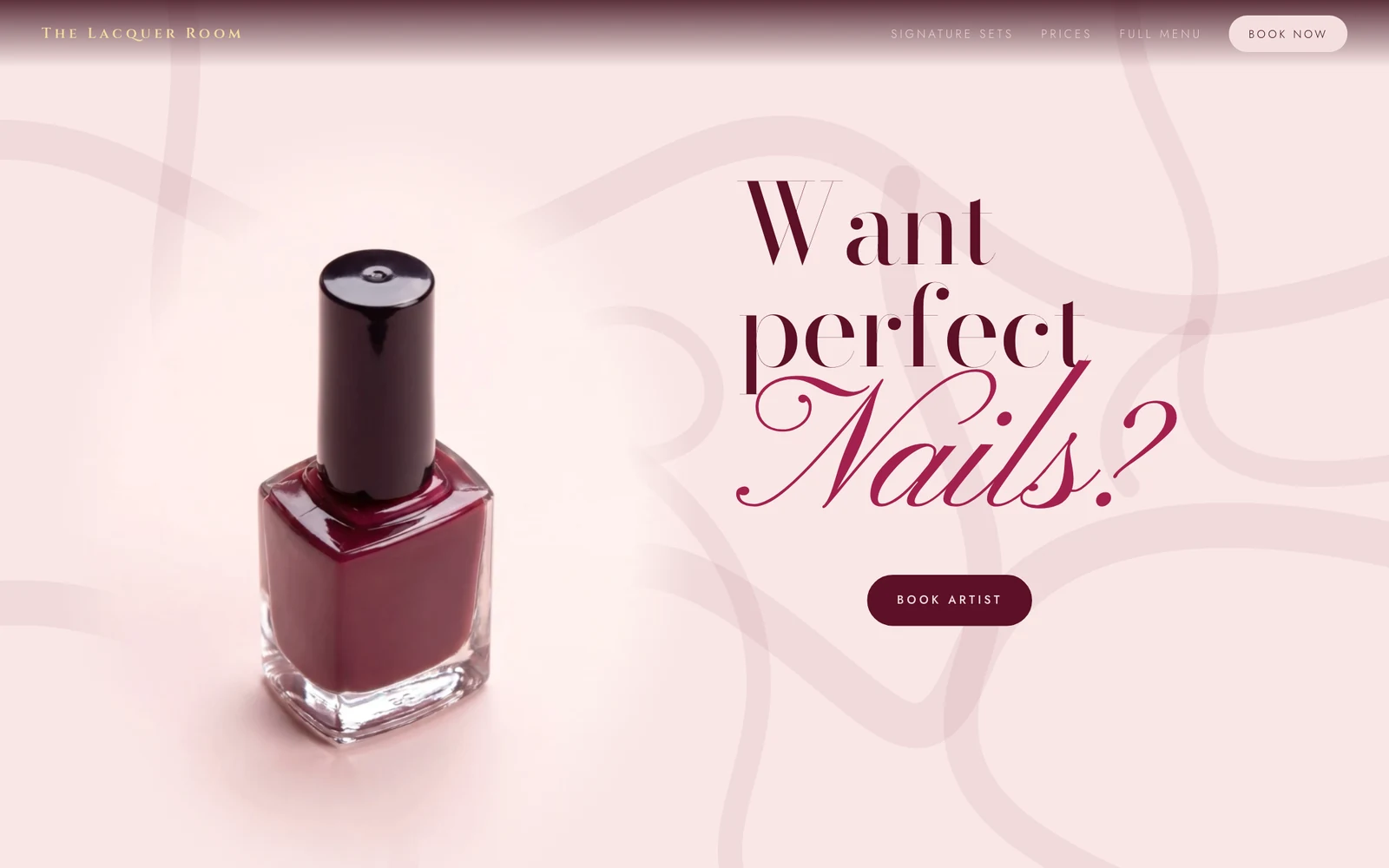 Want perfect Nails? beside a burgundy polish bottle