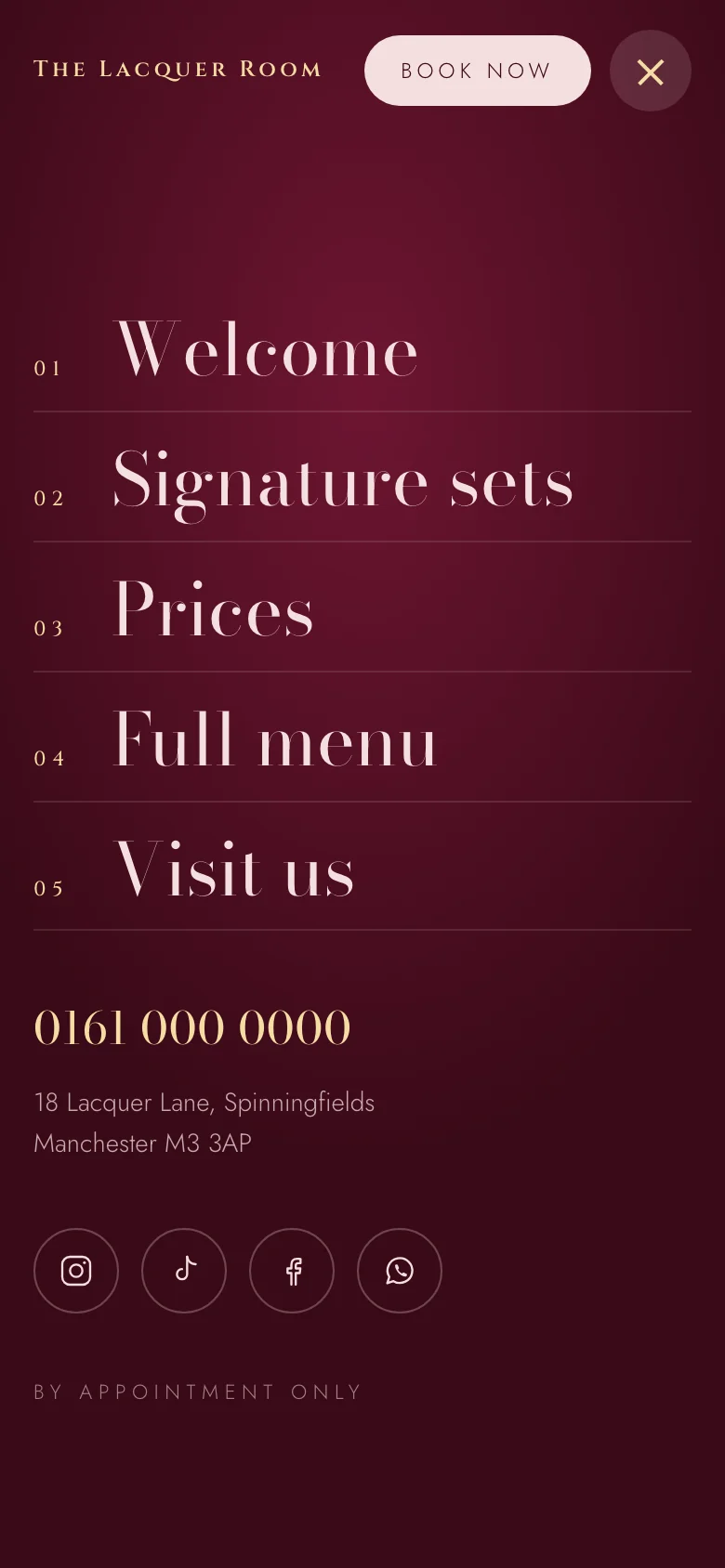 Menu drawer with phone number, address and social links